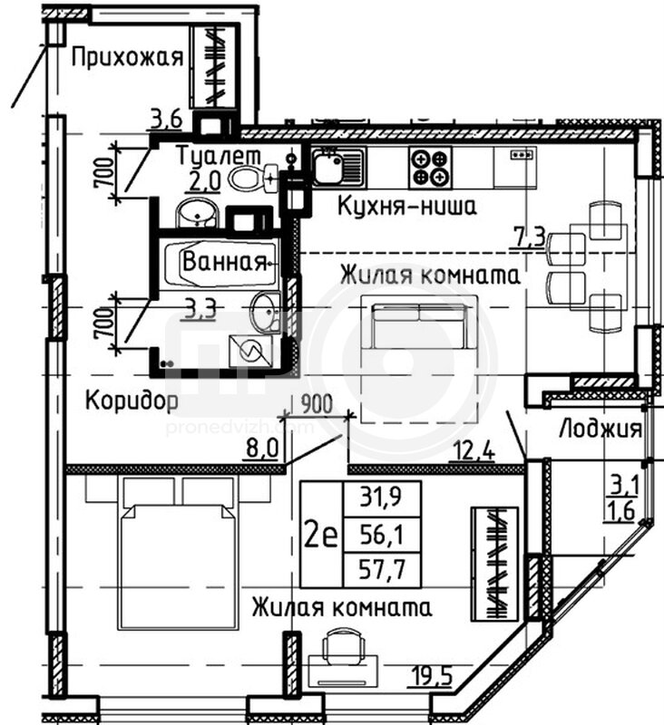 1-комнатная квартира, 57.7кв.м