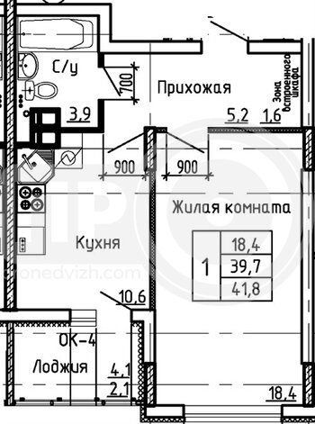 Миниатюра 1-комнатная квартира, 41.8кв.м