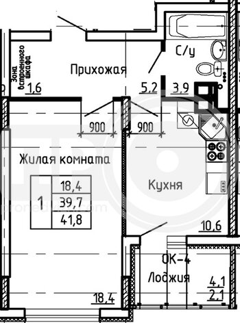 Миниатюра 1-комнатная квартира, 41.8кв.м