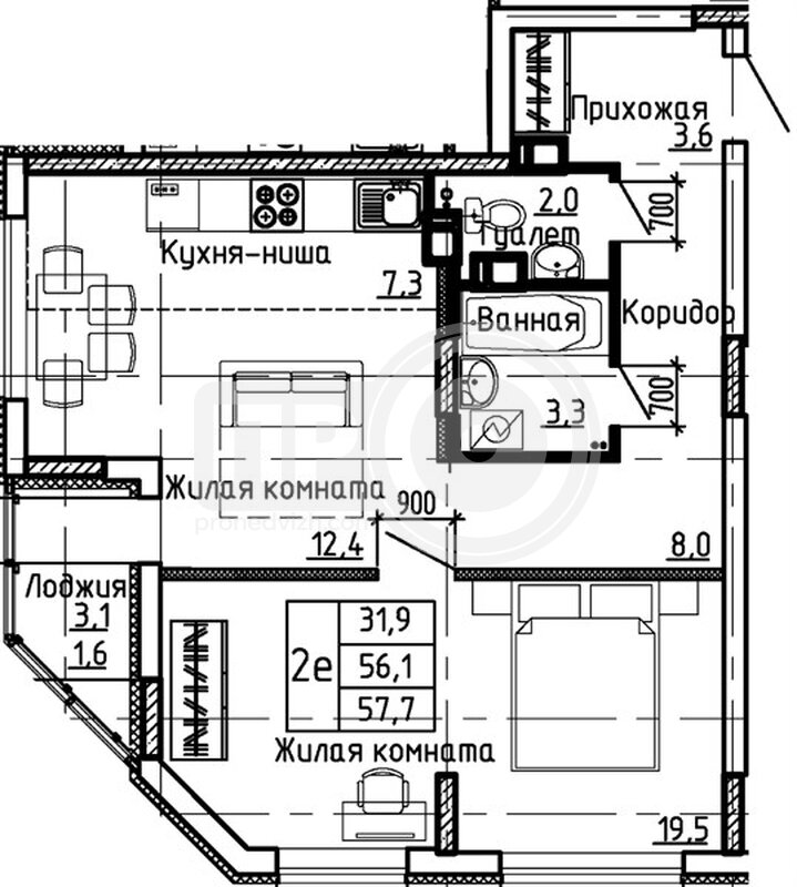 1-комнатная квартира, 57.7кв.м