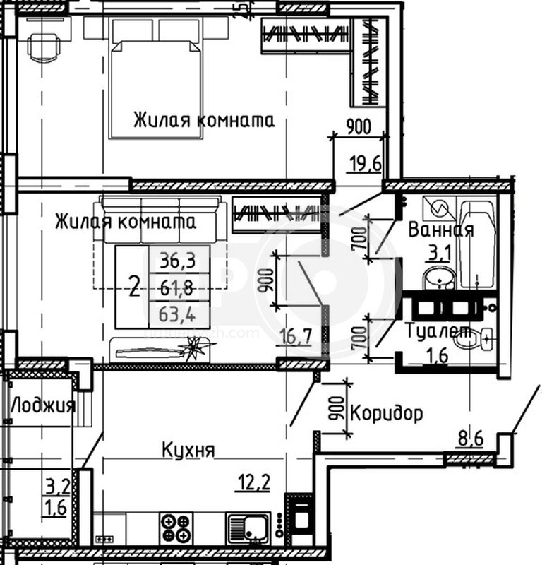 2-комнатная квартира, 63.4кв.м