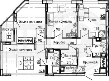 Миниатюра 3-комнатная квартира, 77.3кв.м