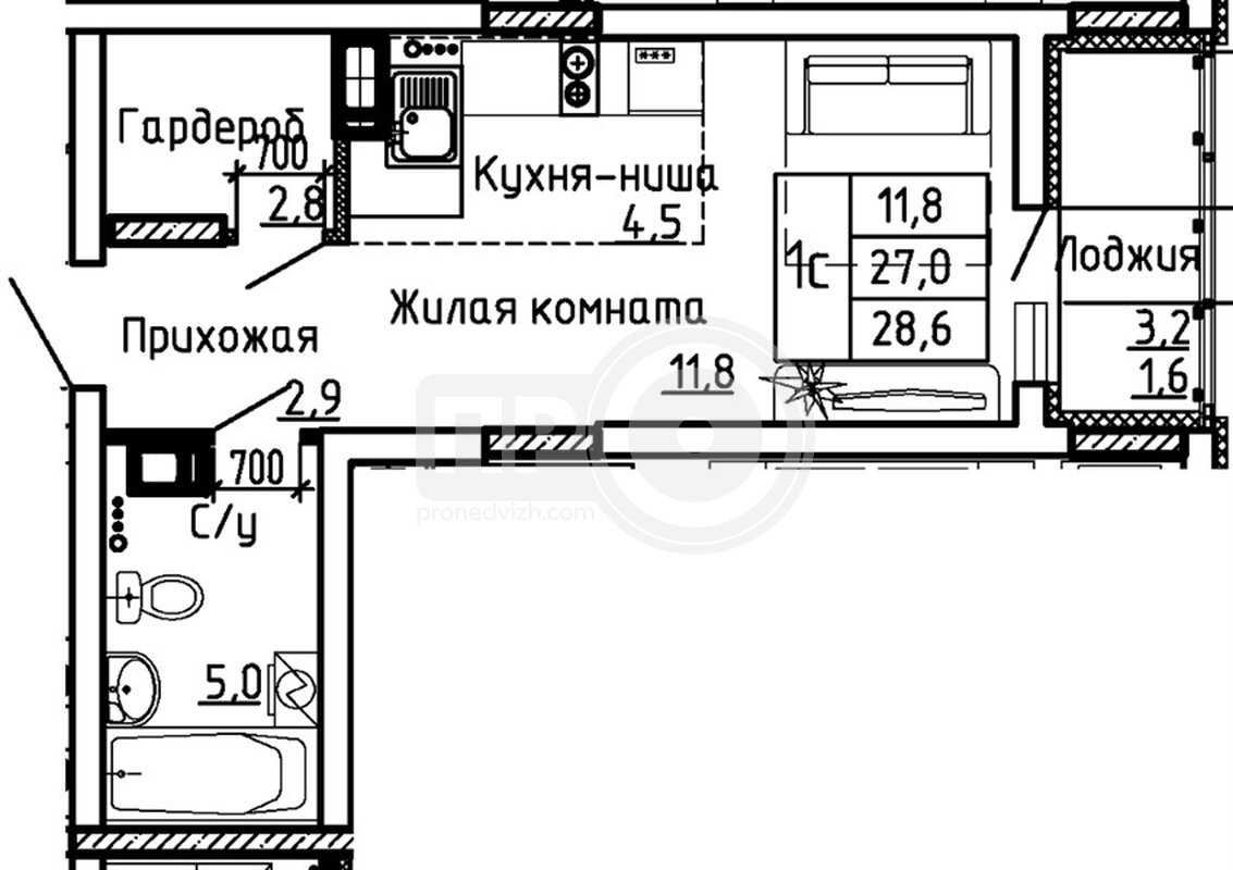 квартира-студия, 28,6кв.м.