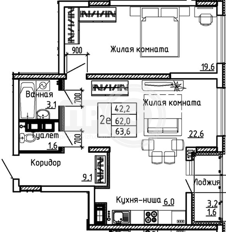 1-комнатная квартира, 63.6кв.м
