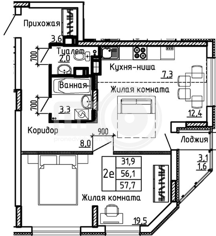 1-комнатная квартира, 57.7кв.м