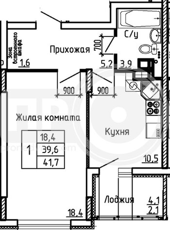 Миниатюра 1-комнатная квартира, 41.7кв.м