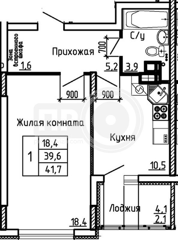1-комнатная квартира, 41.7кв.м