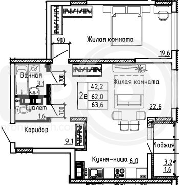 Миниатюра 1-комнатная квартира, 63.6кв.м