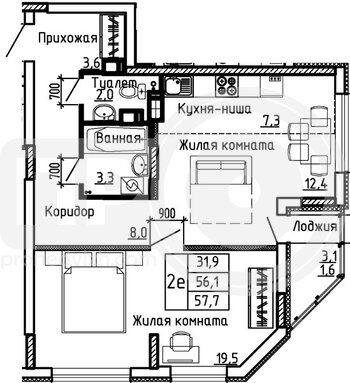 Миниатюра 1-комнатная квартира, 57.7кв.м