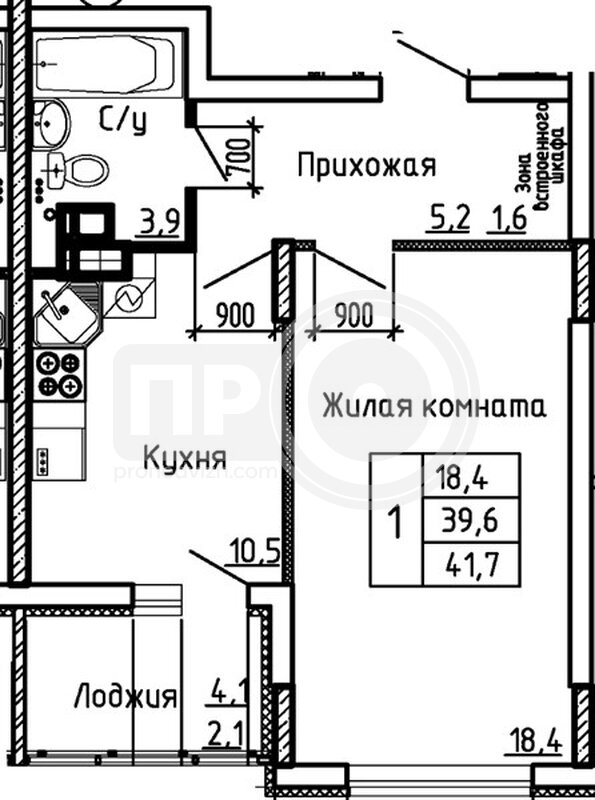 1-комнатная квартира, 41.7кв.м