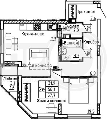 Миниатюра 1-комнатная квартира, 57.7кв.м