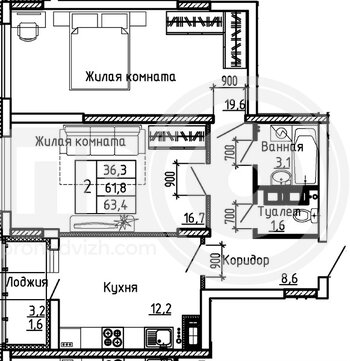Миниатюра 2-комнатная квартира, 63.4кв.м