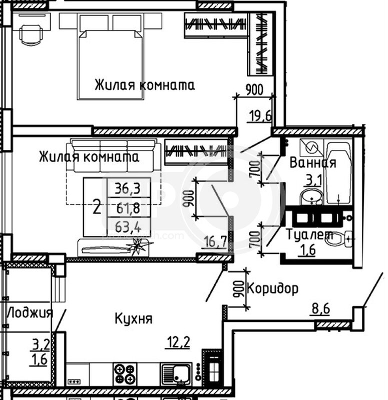 2-комнатная квартира, 63.4кв.м