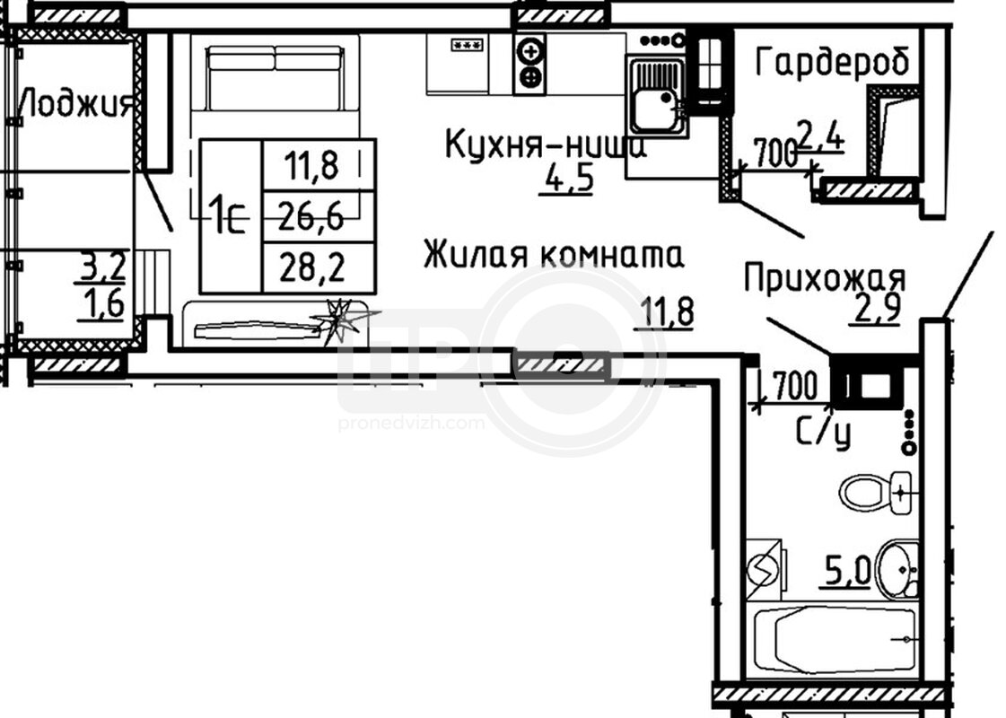 квартира-студия, 28,2кв.м.
