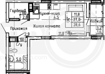 Миниатюра квартира-студия, 28,6кв.м.