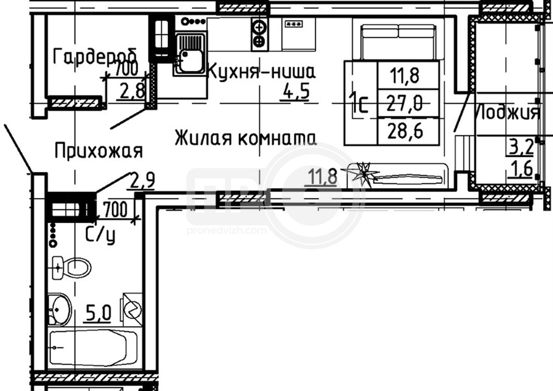 квартира-студия, 28,6кв.м.