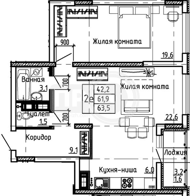 1-комнатная квартира, 63.5кв.м