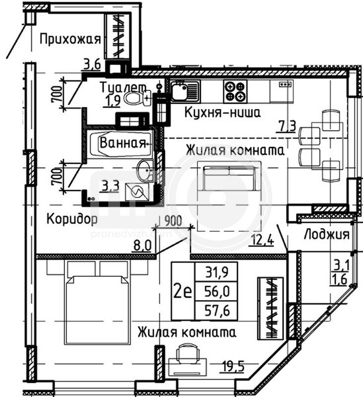 1-комнатная квартира, 57.6кв.м