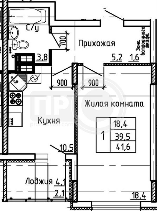 1-комнатная квартира, 41.6кв.м