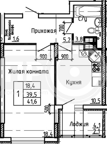 Миниатюра 1-комнатная квартира, 41.6кв.м