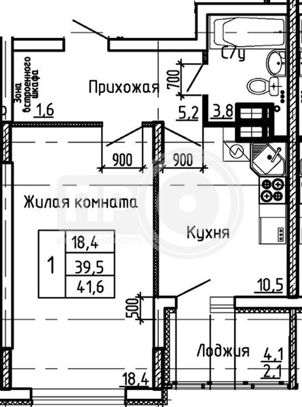 1-комнатная квартира, 41.6кв.м
