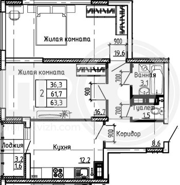 Миниатюра 2-комнатная квартира, 63.3кв.м