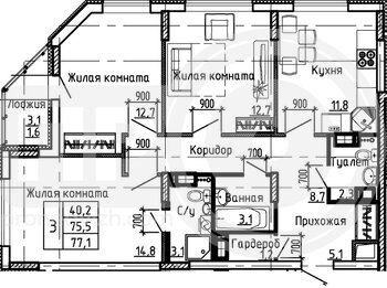 Миниатюра 3-комнатная квартира, 77.1кв.м