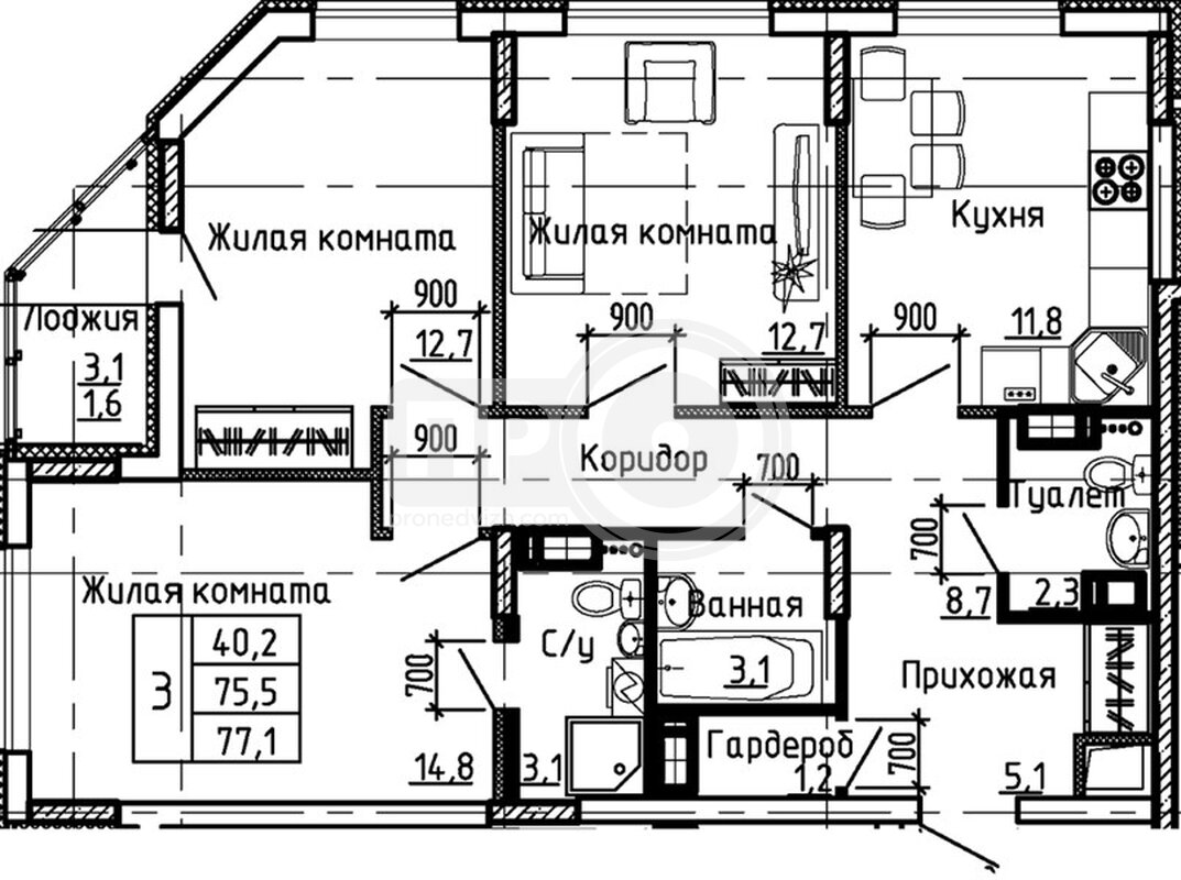 3-комнатная квартира, 77.1кв.м