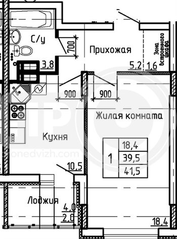 Миниатюра 1-комнатная квартира, 41.5кв.м