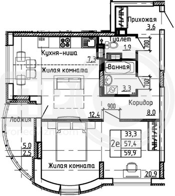 Миниатюра 1-комнатная квартира, 59.9кв.м