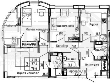 Миниатюра 3-комнатная квартира, 79.6кв.м