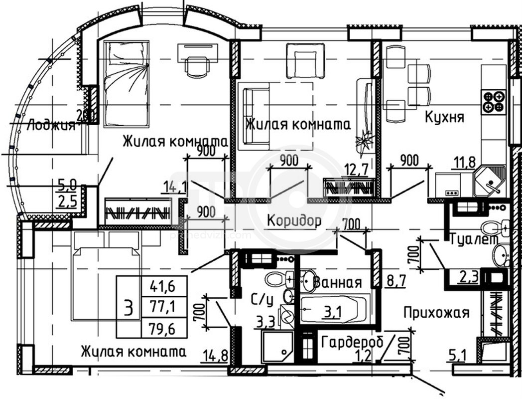 3-комнатная квартира, 79.6кв.м