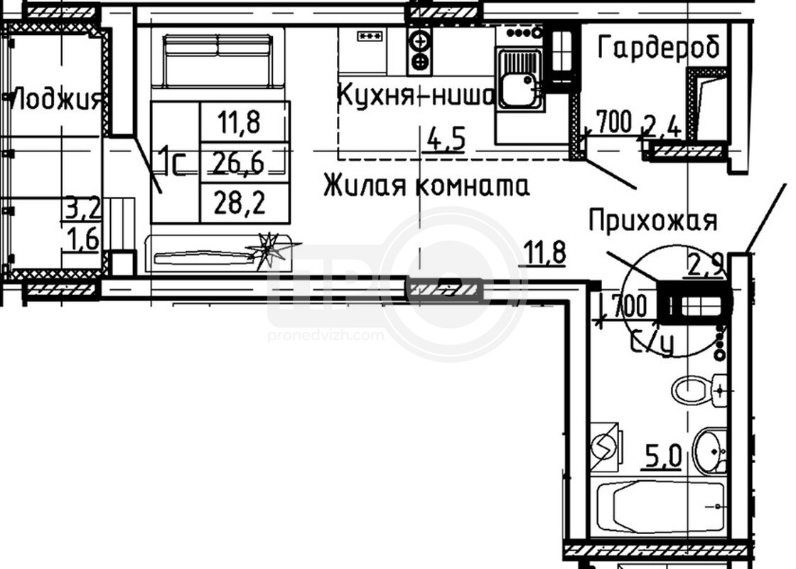 квартира-студия, 28,2кв.м.