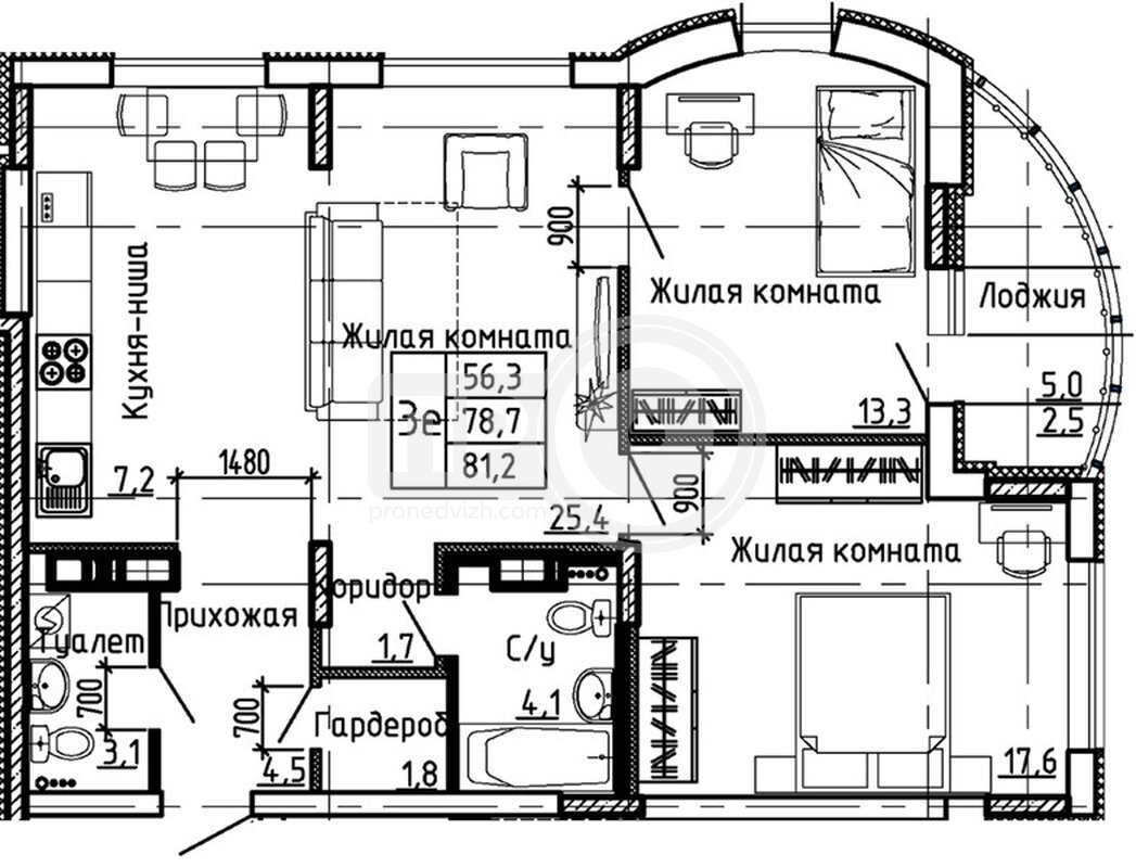 2-комнатная квартира, 81.2кв.м