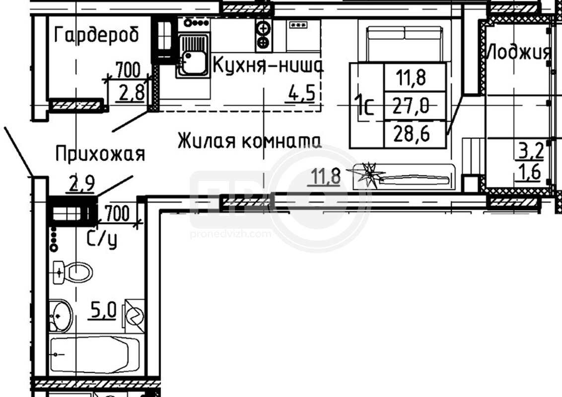 квартира-студия, 28,6кв.м.