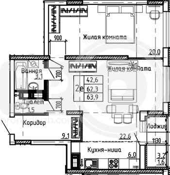 Миниатюра 1-комнатная квартира, 63.9кв.м
