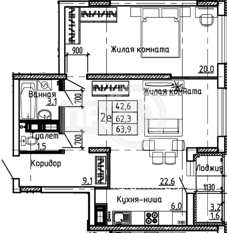 1-комнатная квартира, 63.9кв.м