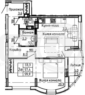 Миниатюра 1-комнатная квартира, 59.9кв.м