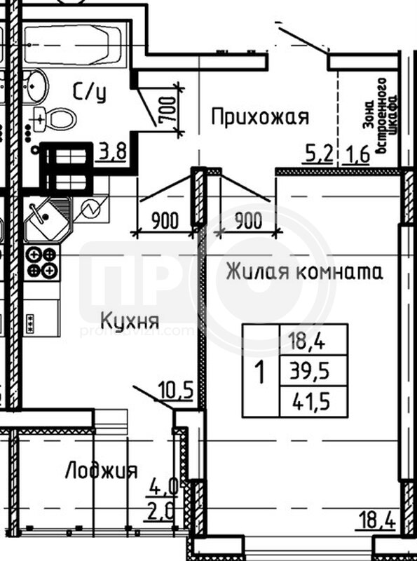 1-комнатная квартира, 41.5кв.м