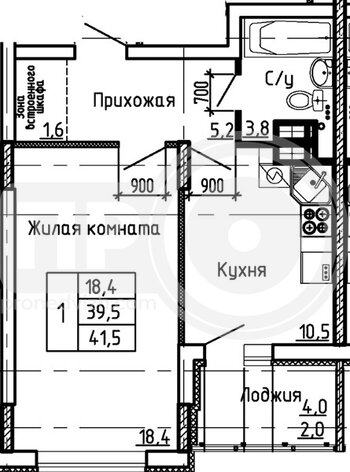 Миниатюра 1-комнатная квартира, 41.5кв.м