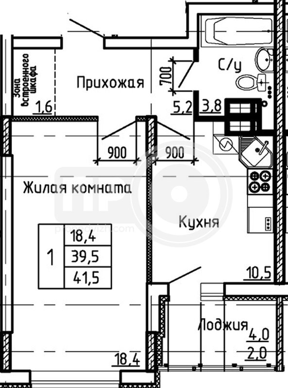 1-комнатная квартира, 41.5кв.м