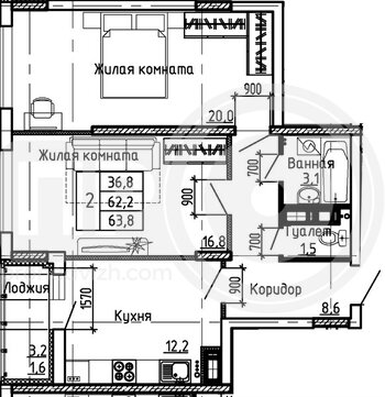 Миниатюра 2-комнатная квартира, 63.8кв.м