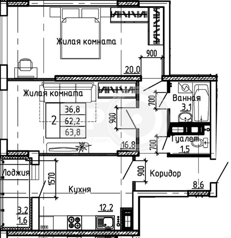 2-комнатная квартира, 63.8кв.м