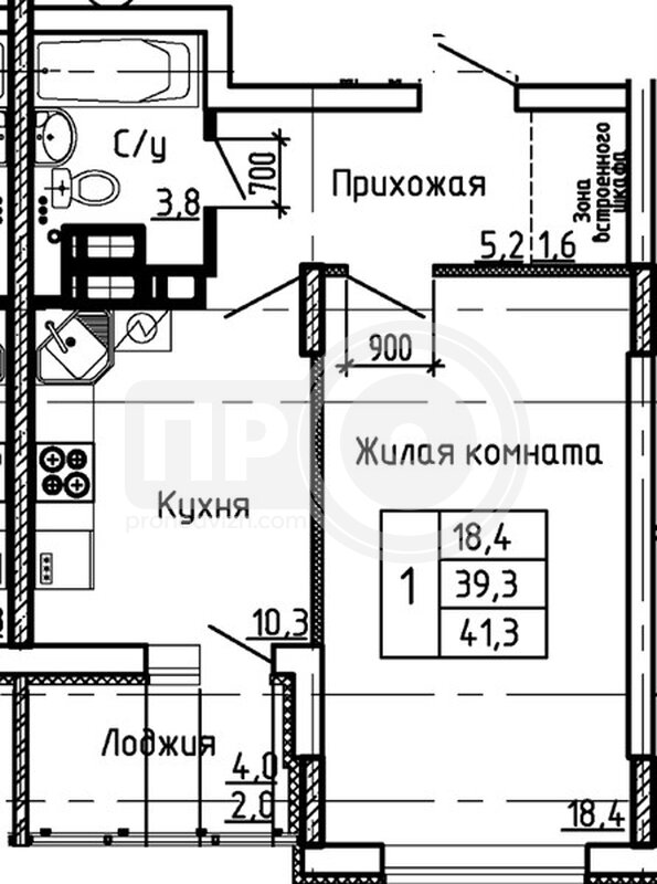 1-комнатная квартира, 41.3кв.м
