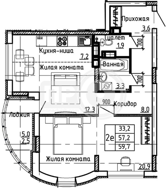 1-комнатная квартира, 59.7кв.м