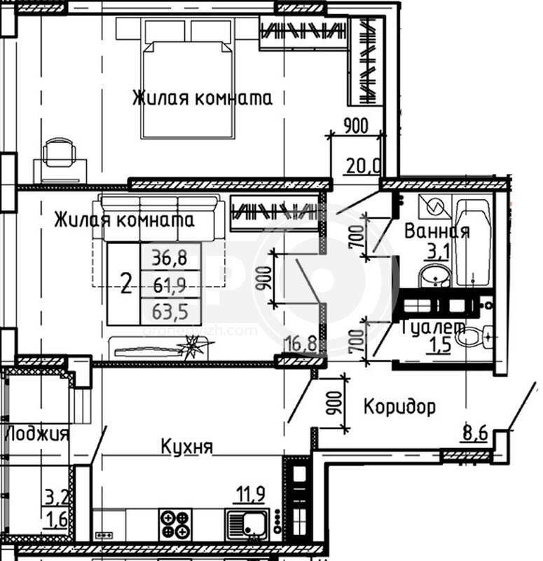 2-комнатная квартира, 63.5кв.м