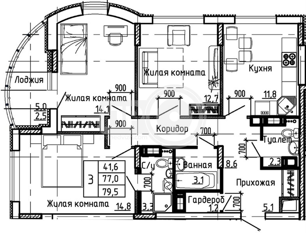 3-комнатная квартира, 79.5кв.м