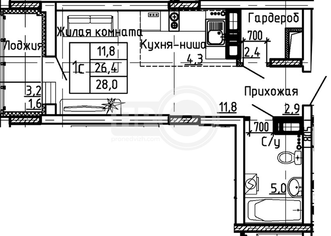 квартира-студия, 28кв.м.