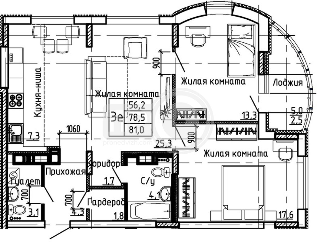 2-комнатная квартира, 81кв.м