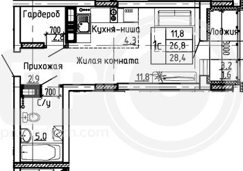 Миниатюра квартира-студия, 28,4кв.м.